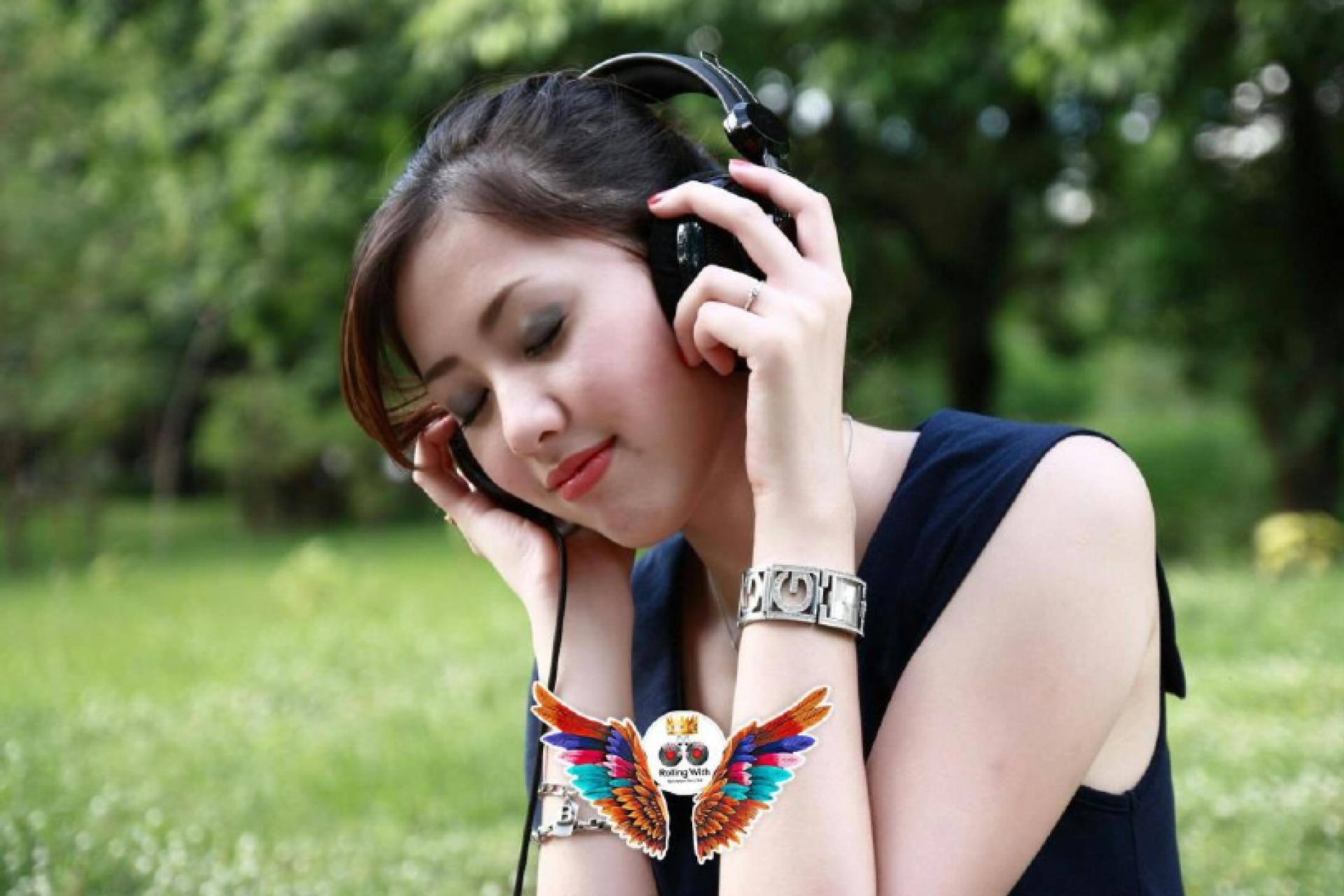 Lady Listening Music Using Headset 