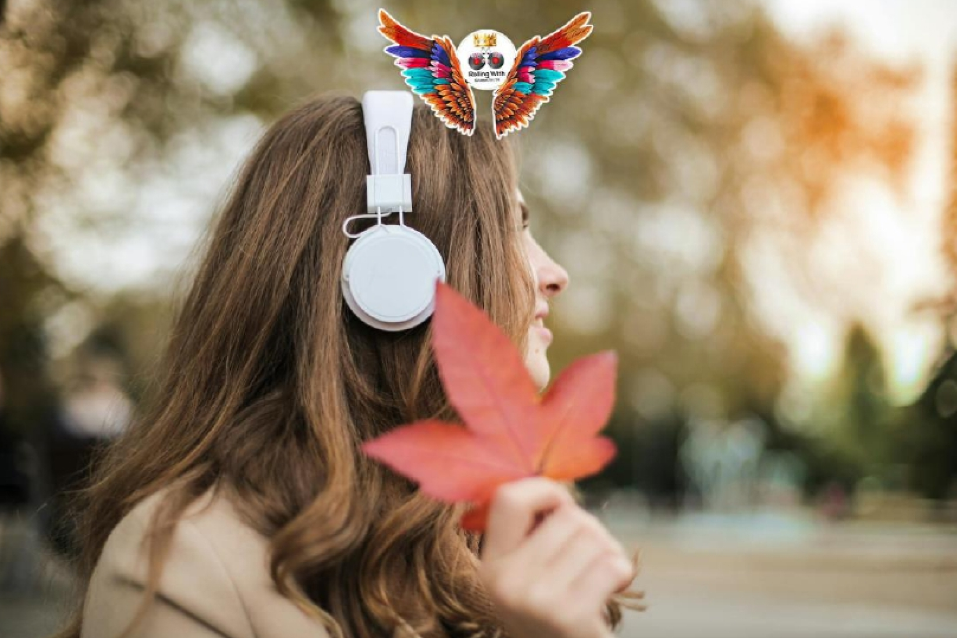 Lady Listening Music Using Headset With Autumn Leaf